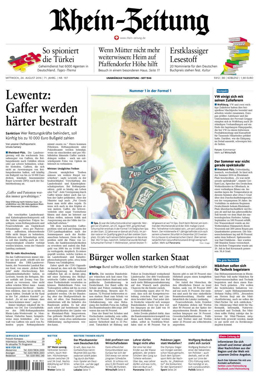Rhein-Zeitung Koblenz & Region vom Mittwoch, 24.08.2016