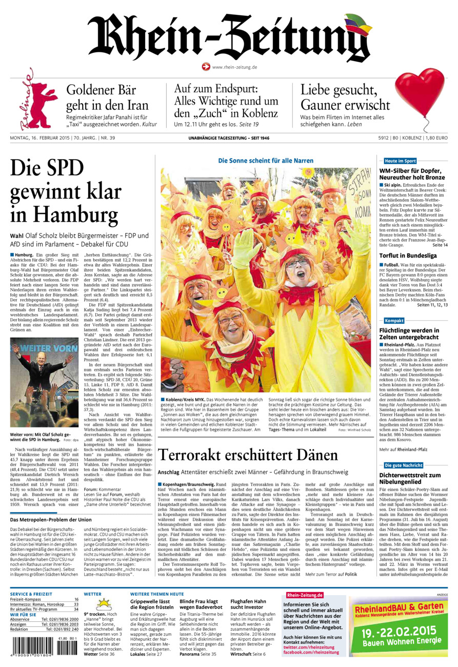 Rhein-Zeitung Koblenz & Region vom Montag, 16.02.2015