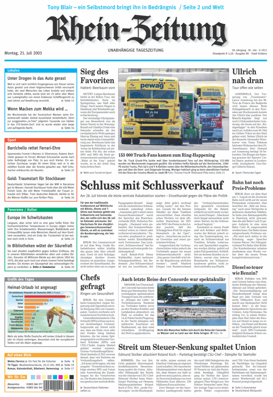 Rhein-Zeitung Koblenz & Region vom Montag, 21.07.2003