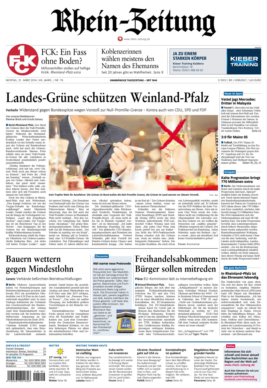 Rhein-Zeitung Koblenz & Region vom Montag, 31.03.2014