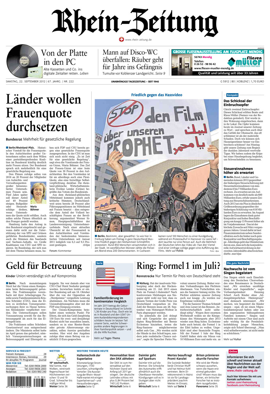 Rhein-Zeitung Koblenz & Region vom Samstag, 22.09.2012