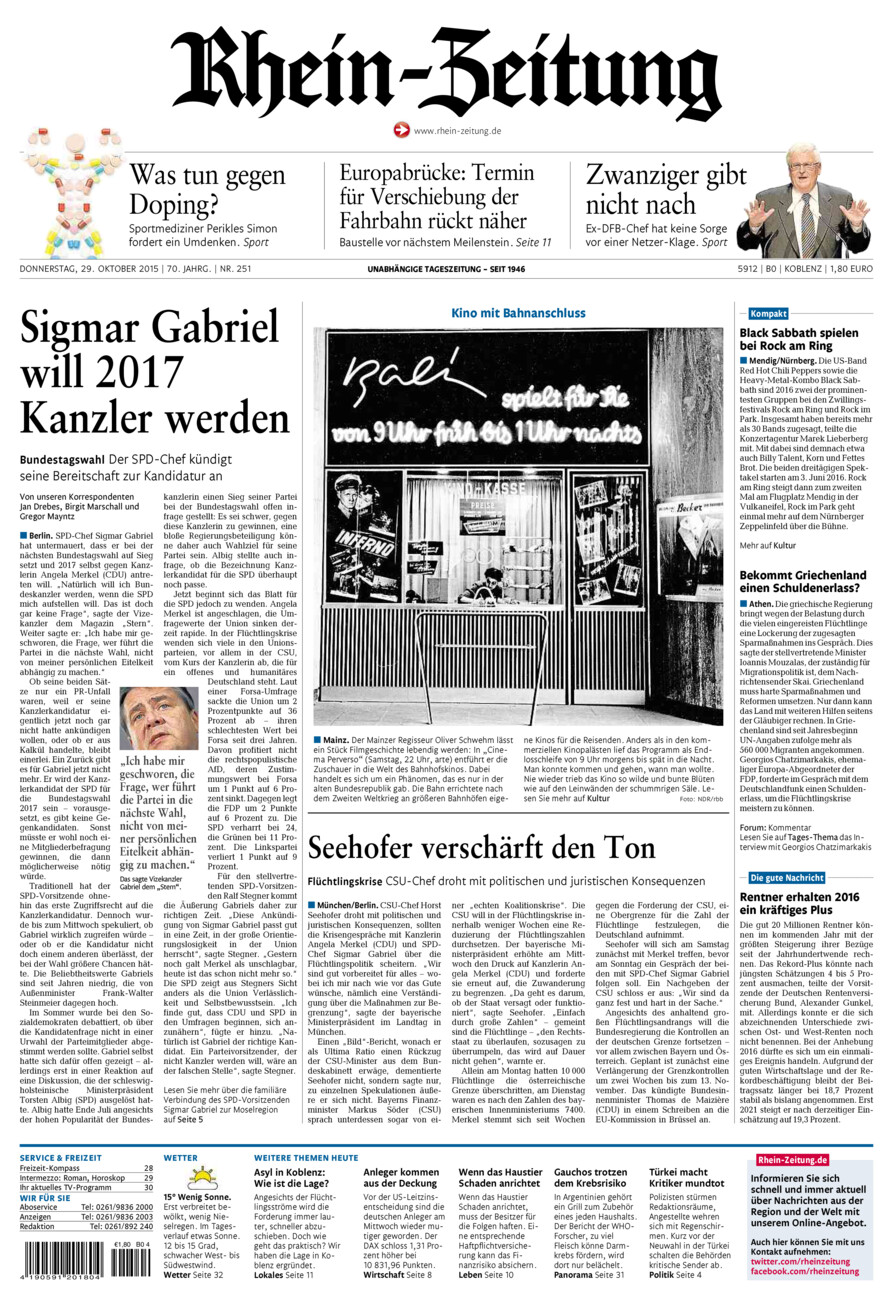 Rhein-Zeitung Koblenz & Region vom Donnerstag, 29.10.2015