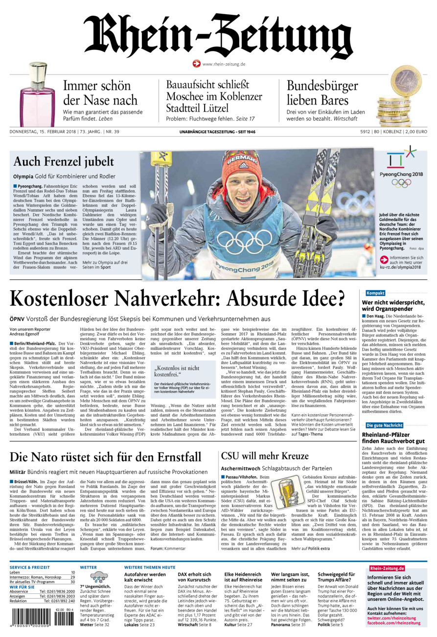 Rhein-Zeitung Koblenz & Region vom Donnerstag, 15.02.2018