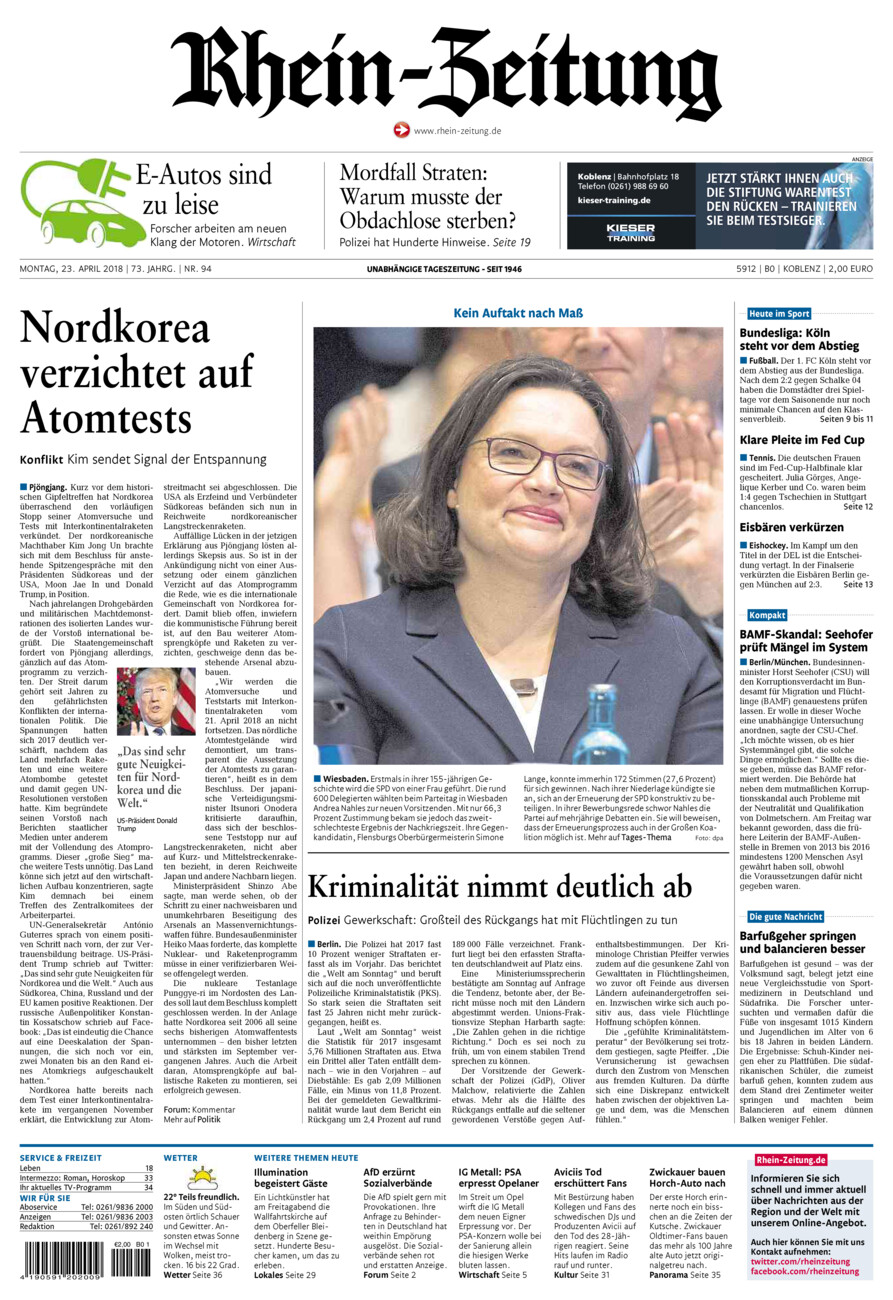 Rhein-Zeitung Koblenz & Region vom Montag, 23.04.2018