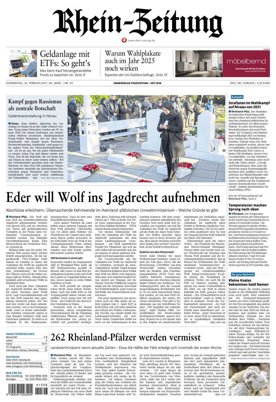 Rhein-Zeitung Koblenz & Region vom Donnerstag, 20.02.2025