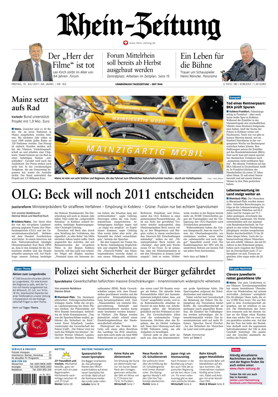 Rhein-Zeitung Koblenz & Region vom Freitag, 15.07.2011