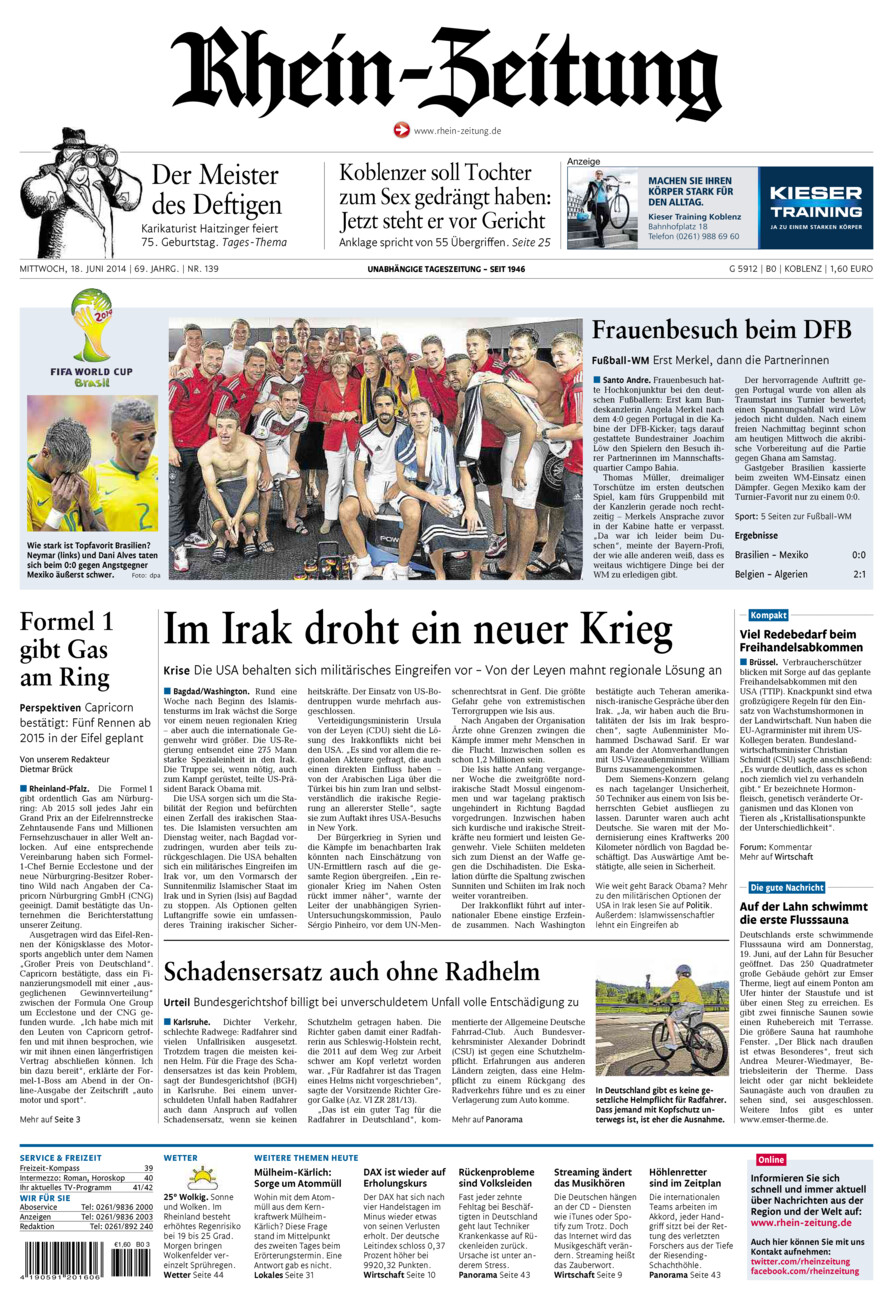 Rhein-Zeitung Koblenz & Region vom Mittwoch, 18.06.2014