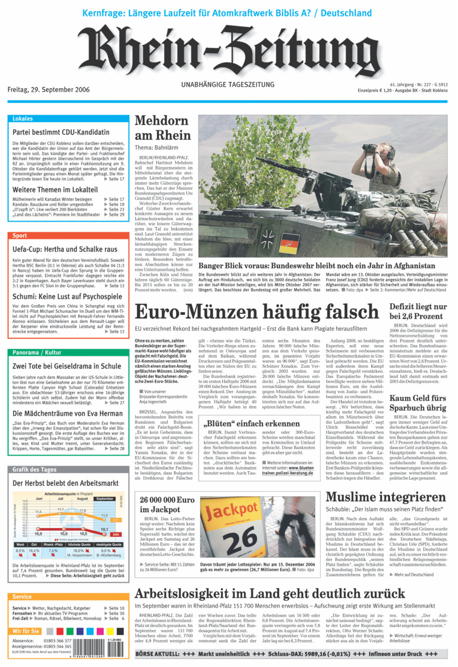 Rhein-Zeitung Koblenz & Region vom Freitag, 29.09.2006