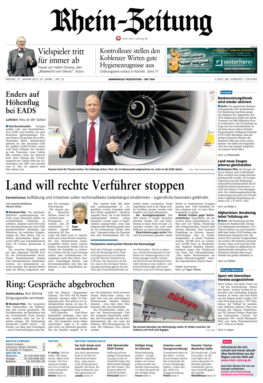 Rhein-Zeitung Koblenz & Region vom Freitag, 27.01.2012