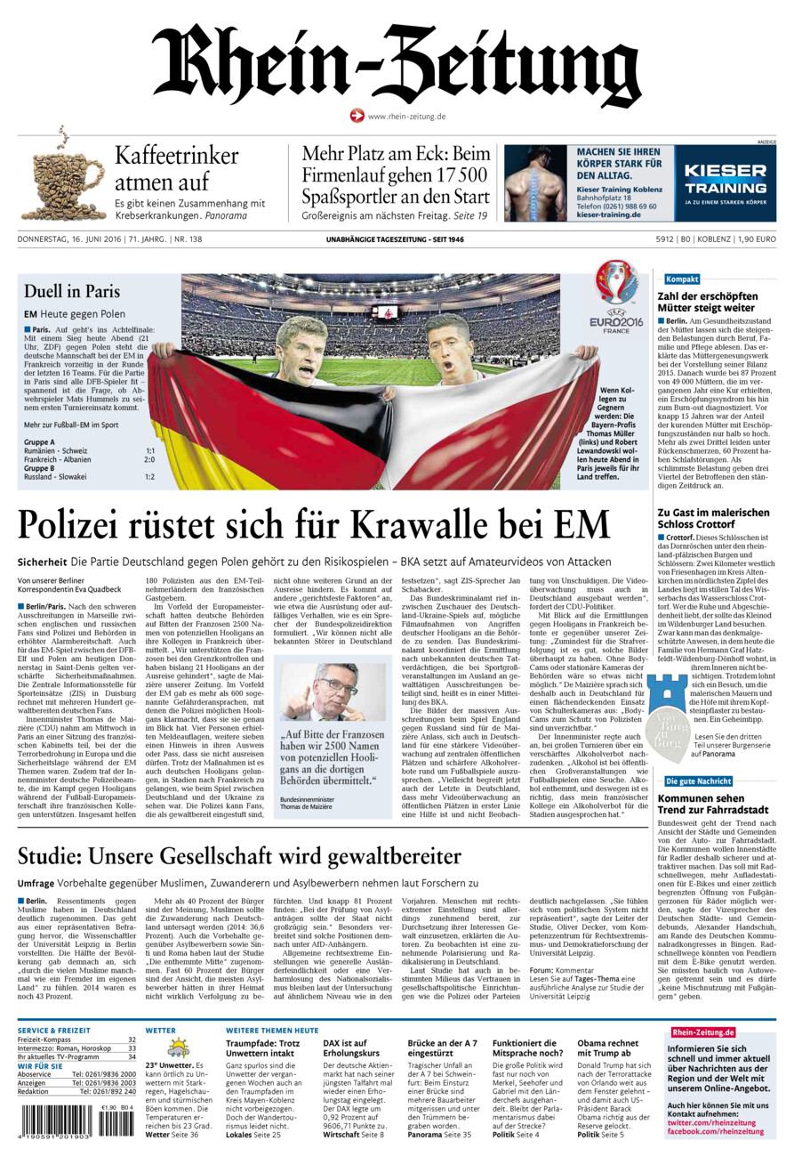 Rhein-Zeitung Koblenz & Region vom Donnerstag, 16.06.2016