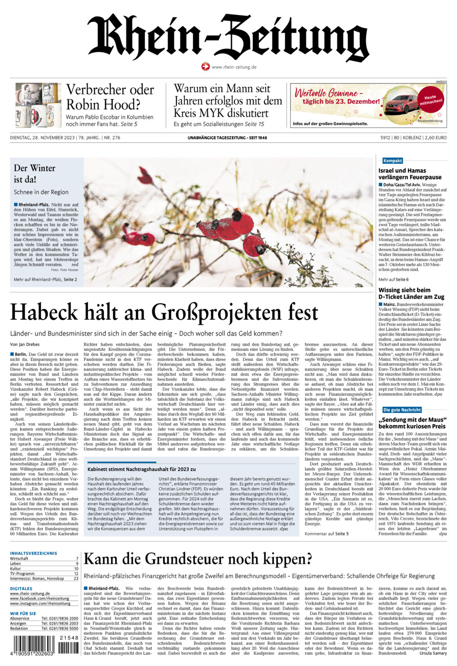 Rhein-Zeitung Koblenz & Region vom Dienstag, 28.11.2023