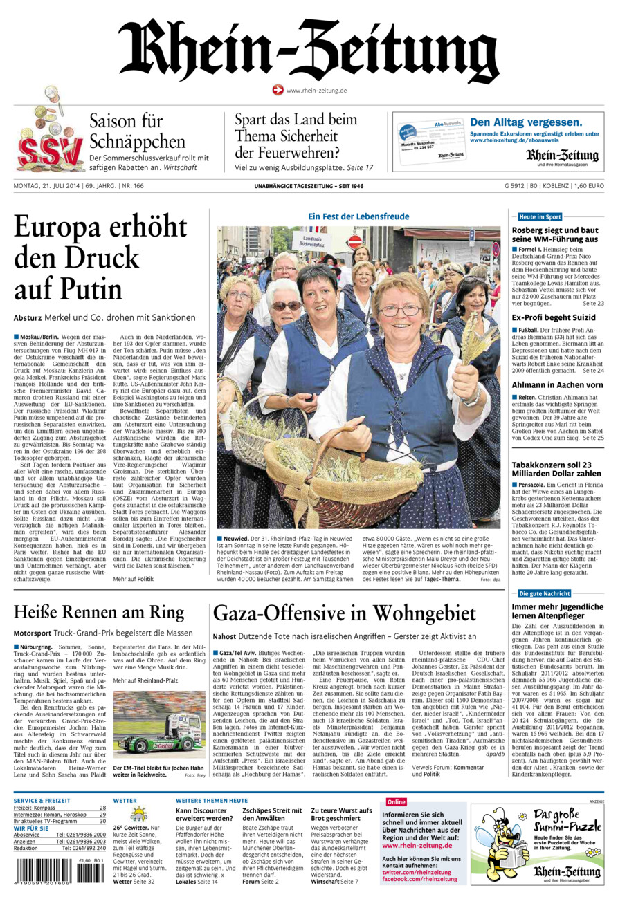 Rhein-Zeitung Koblenz & Region vom Montag, 21.07.2014