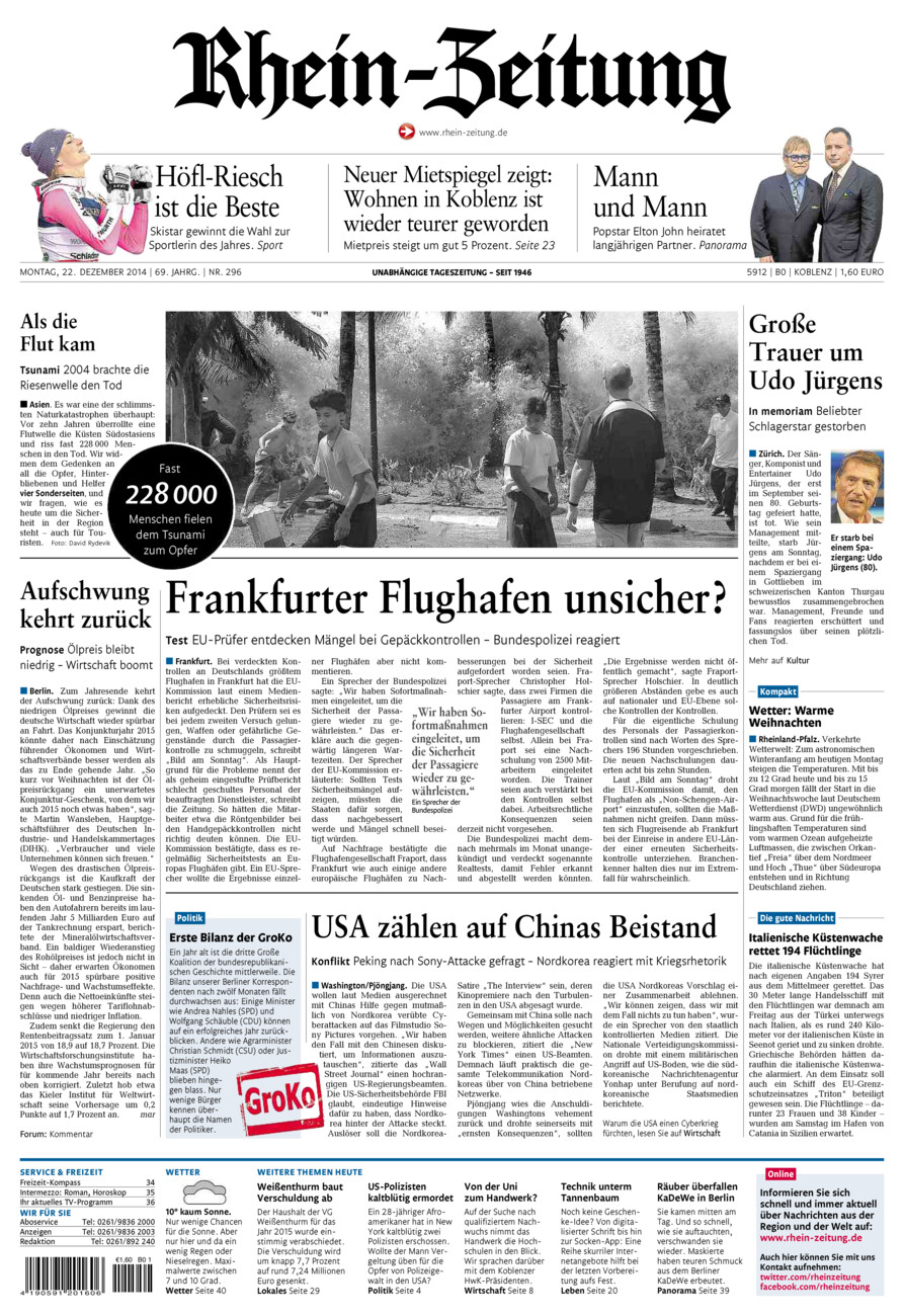 Rhein-Zeitung Koblenz & Region vom Montag, 22.12.2014