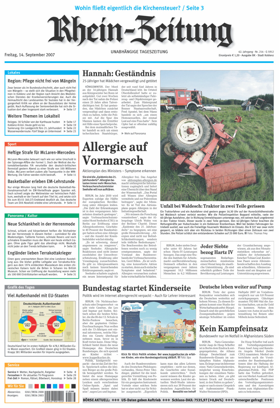 Rhein-Zeitung Koblenz & Region vom Freitag, 14.09.2007