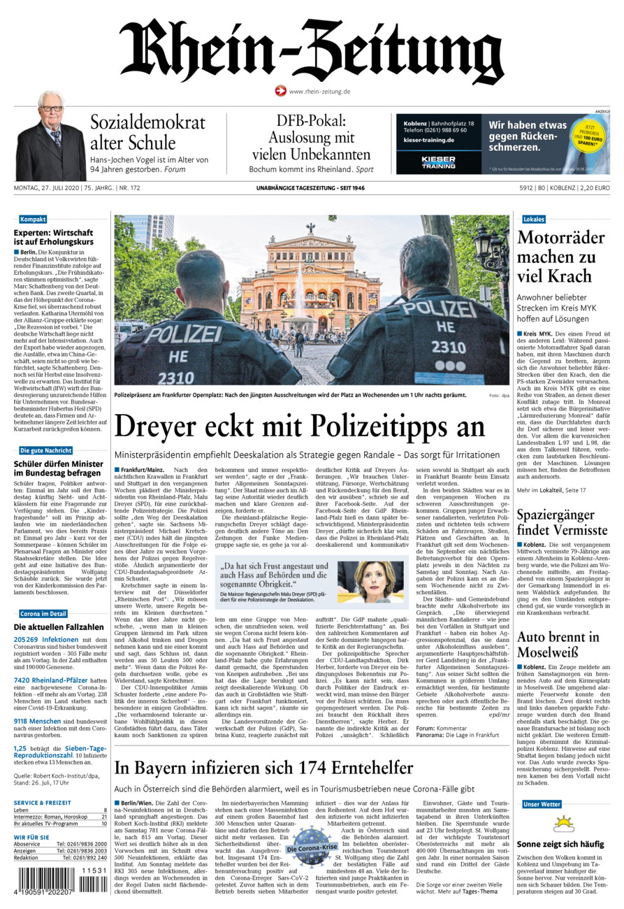 Rhein-Zeitung Koblenz & Region vom Montag, 27.07.2020