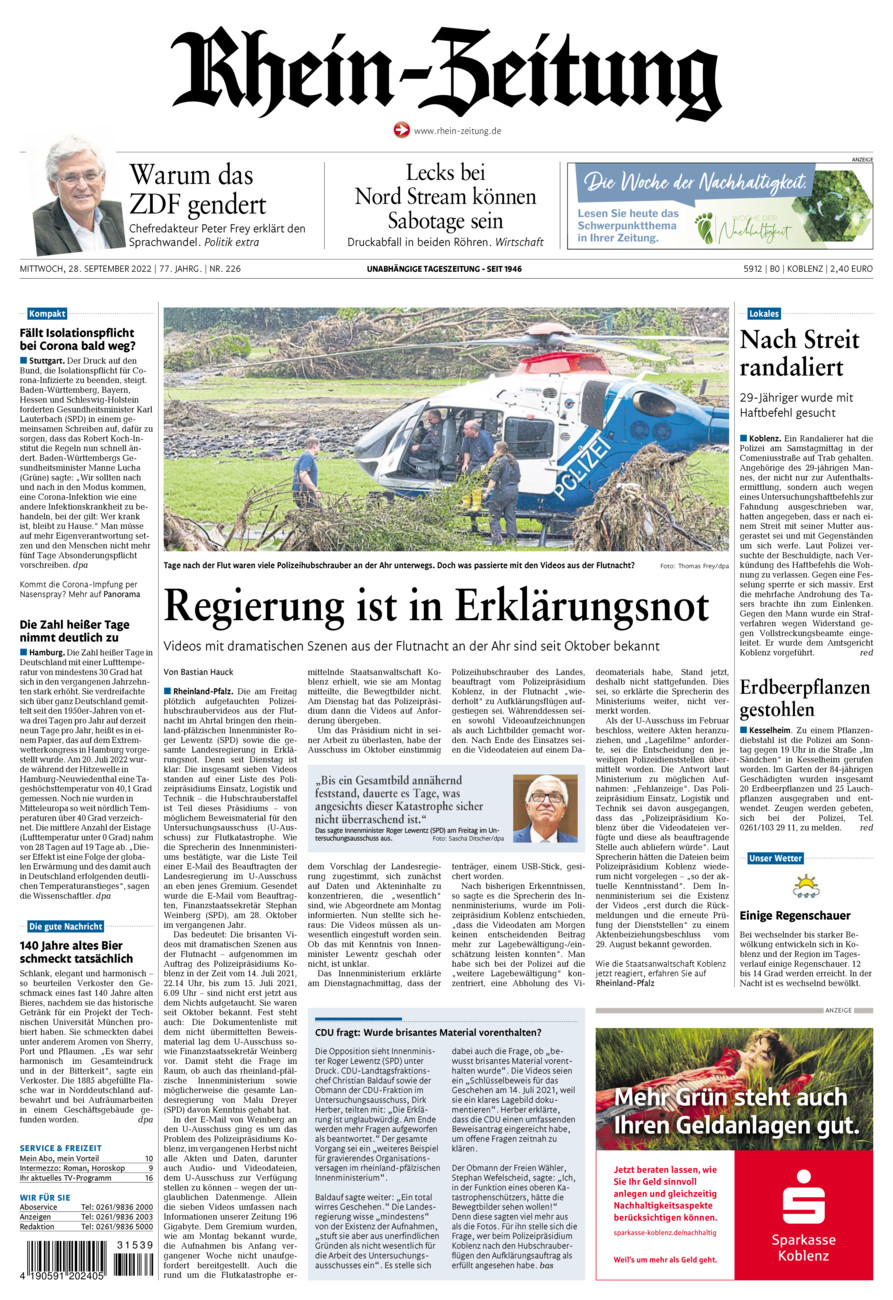 Rhein-Zeitung Koblenz & Region vom Mittwoch, 28.09.2022