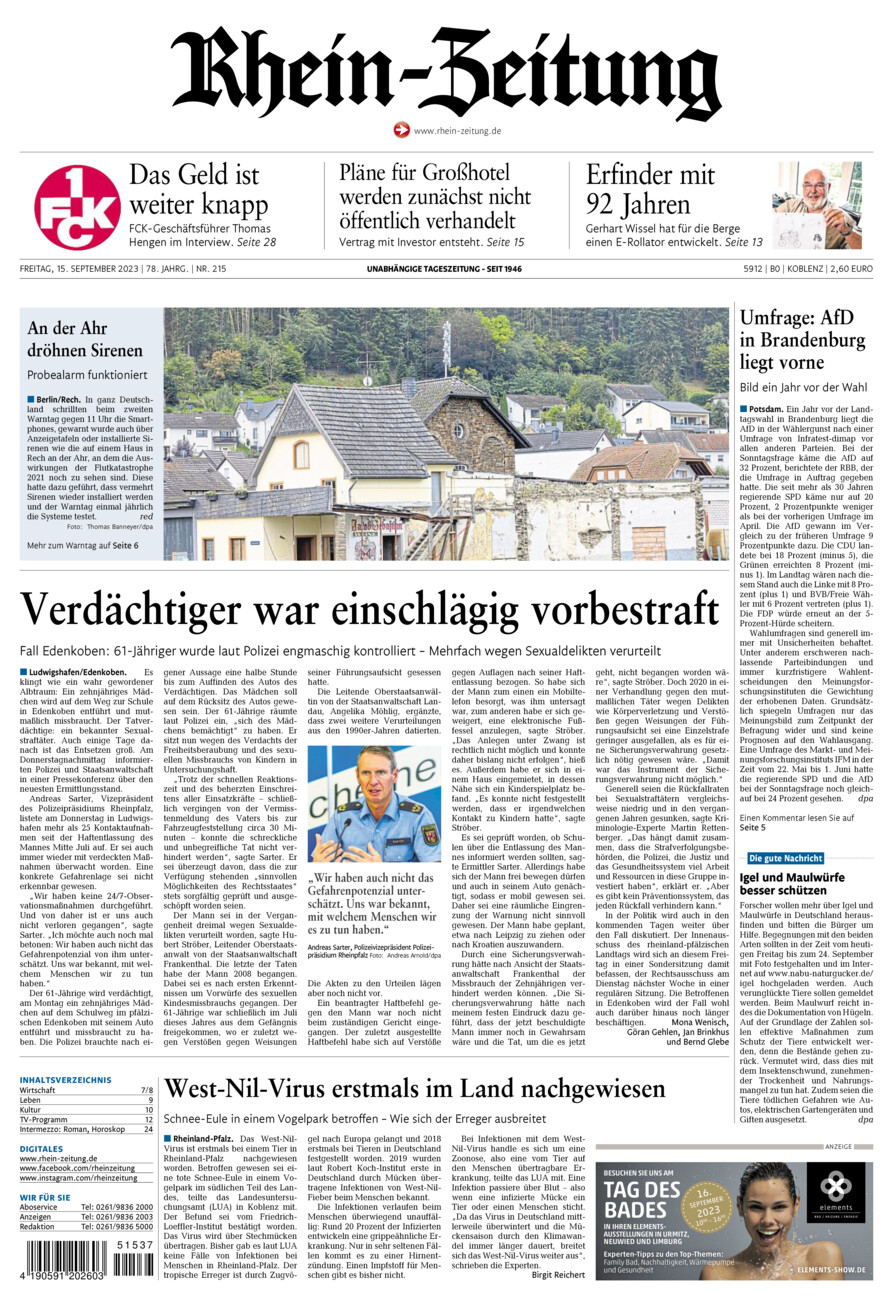 Rhein-Zeitung Koblenz & Region vom Freitag, 15.09.2023