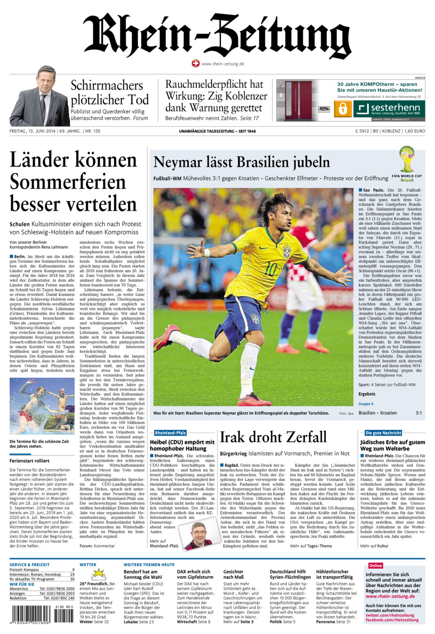 Rhein-Zeitung Koblenz & Region vom Freitag, 13.06.2014