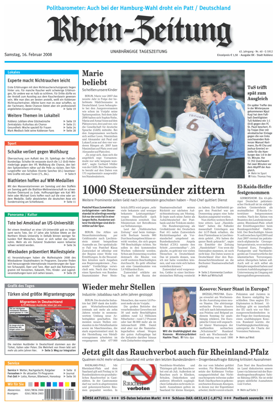 Rhein-Zeitung Koblenz & Region vom Samstag, 16.02.2008