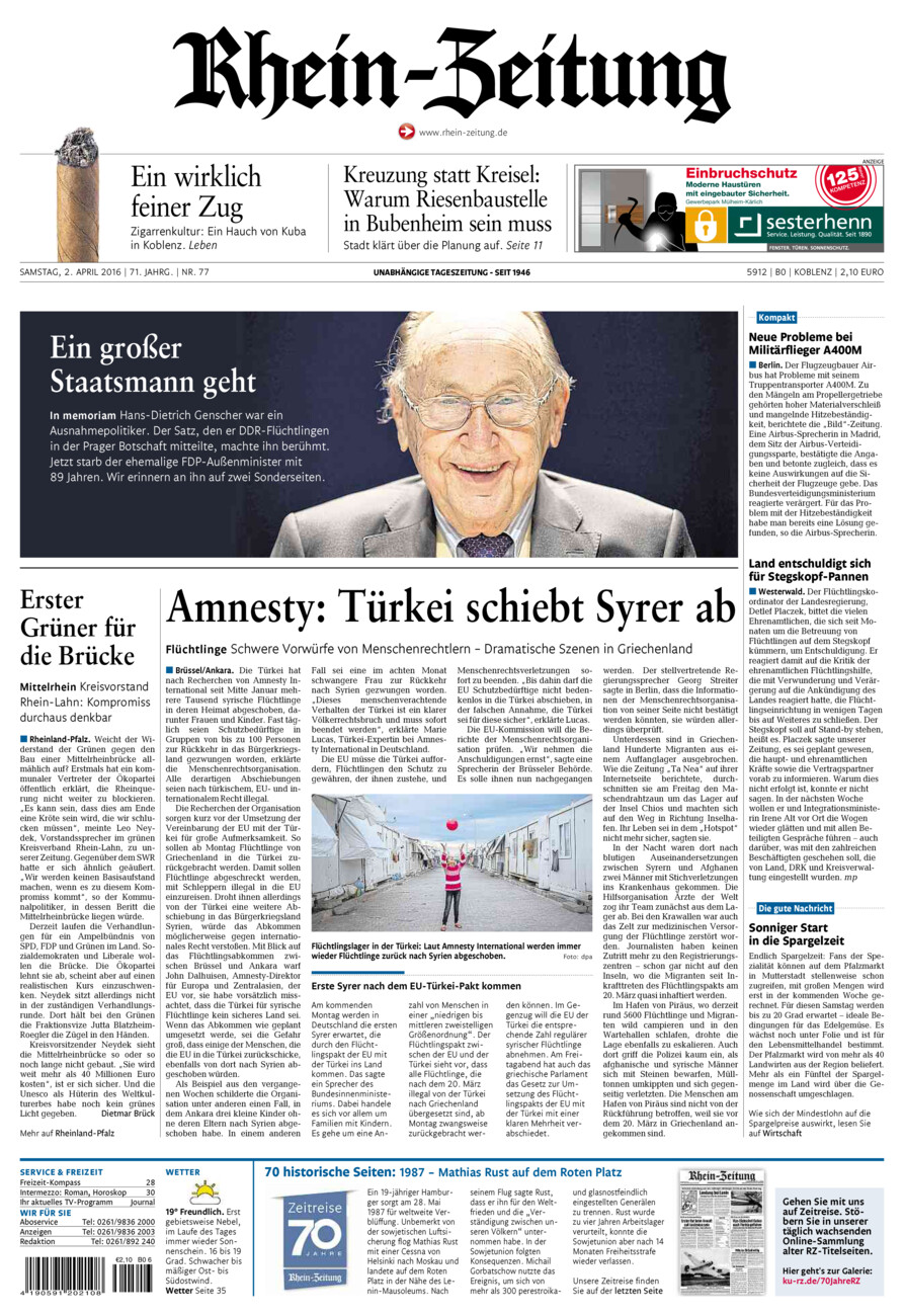 Rhein-Zeitung Koblenz & Region vom Samstag, 02.04.2016