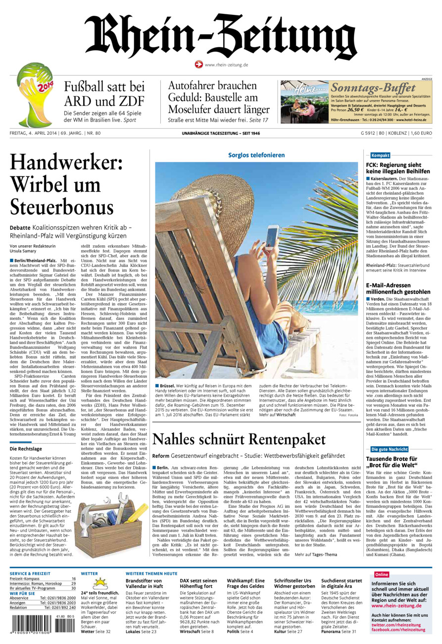 Rhein-Zeitung Koblenz & Region vom Freitag, 04.04.2014