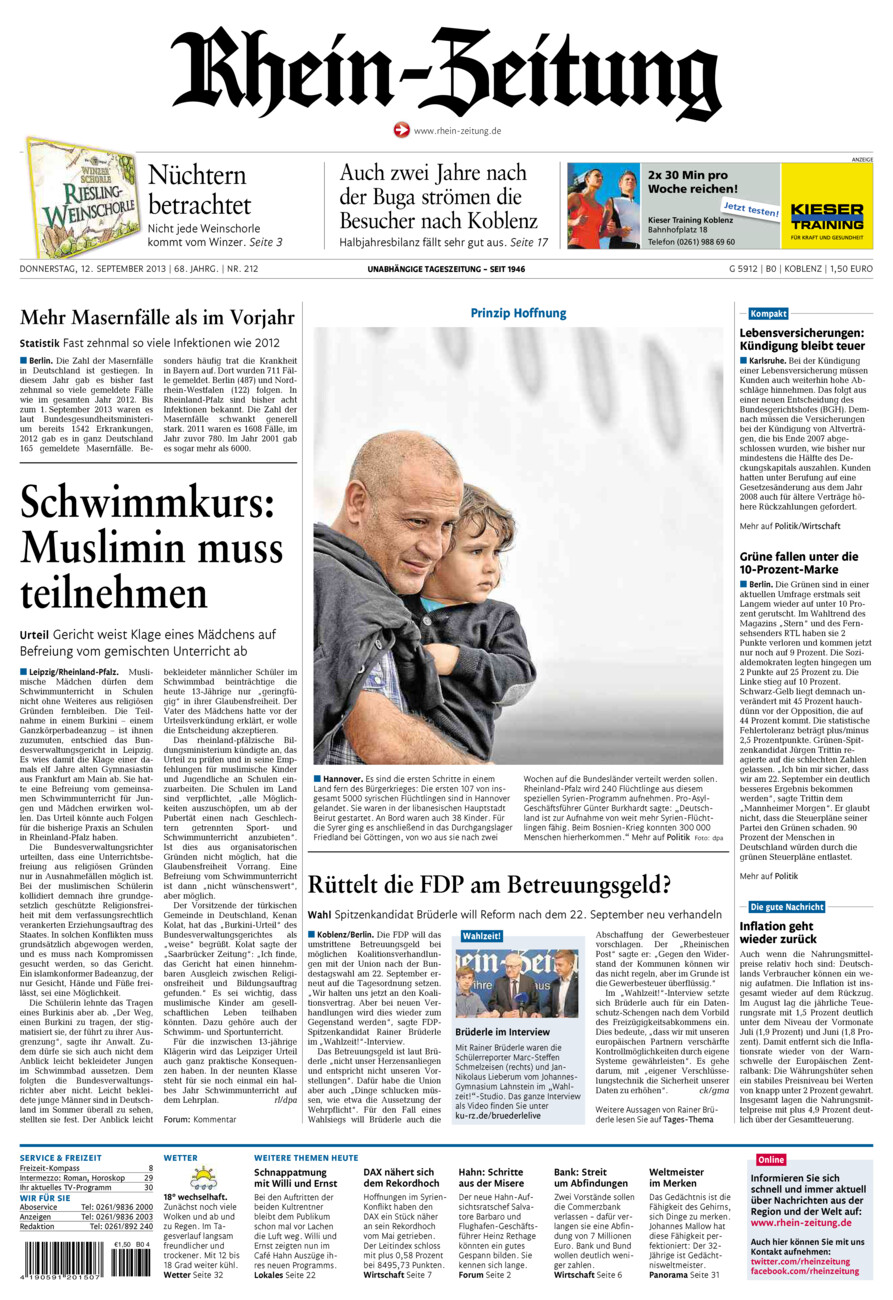 Rhein-Zeitung Koblenz & Region vom Donnerstag, 12.09.2013