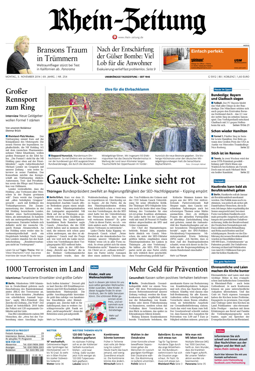 Rhein-Zeitung Koblenz & Region vom Montag, 03.11.2014