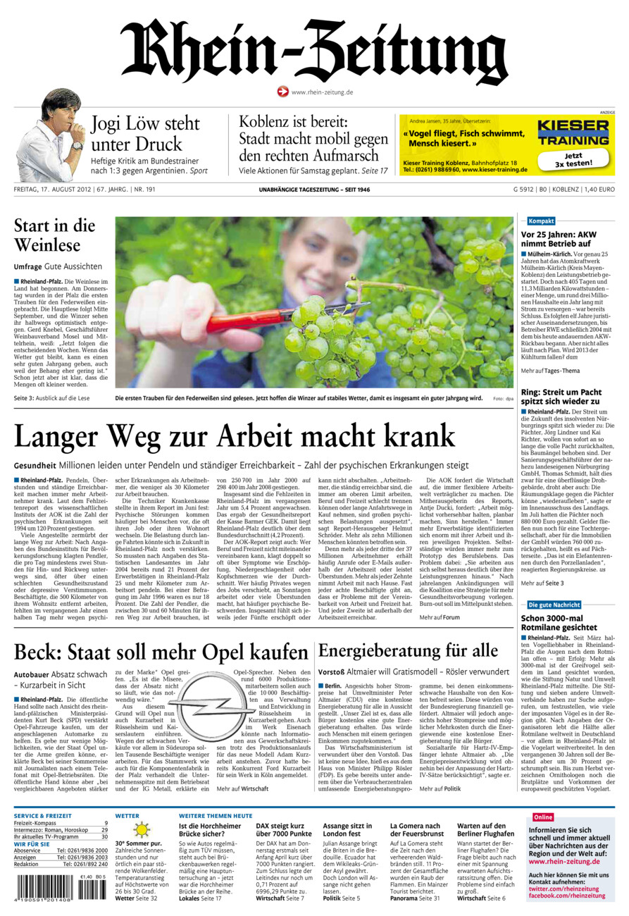 Rhein-Zeitung Koblenz & Region vom Freitag, 17.08.2012