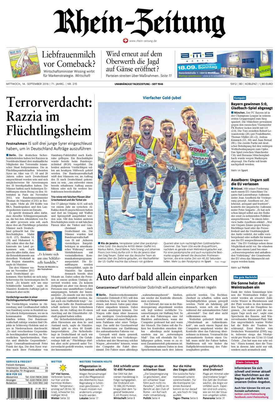 Rhein-Zeitung Koblenz & Region vom Mittwoch, 14.09.2016