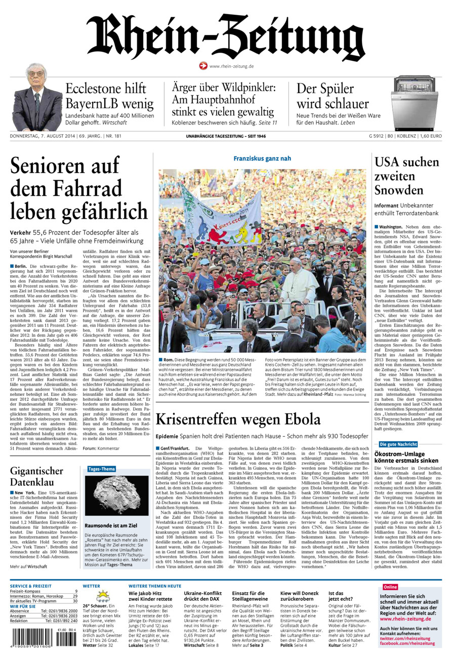 Rhein-Zeitung Koblenz & Region vom Donnerstag, 07.08.2014