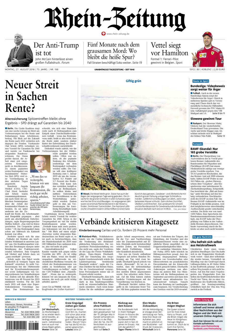 Rhein-Zeitung Koblenz & Region vom Montag, 27.08.2018