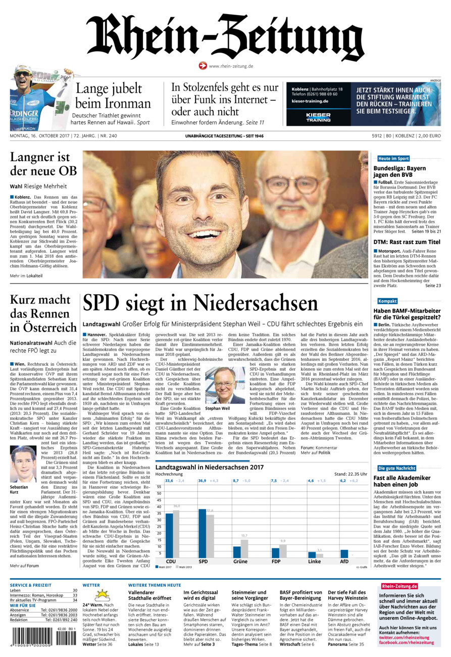 Rhein-Zeitung Koblenz & Region vom Montag, 16.10.2017