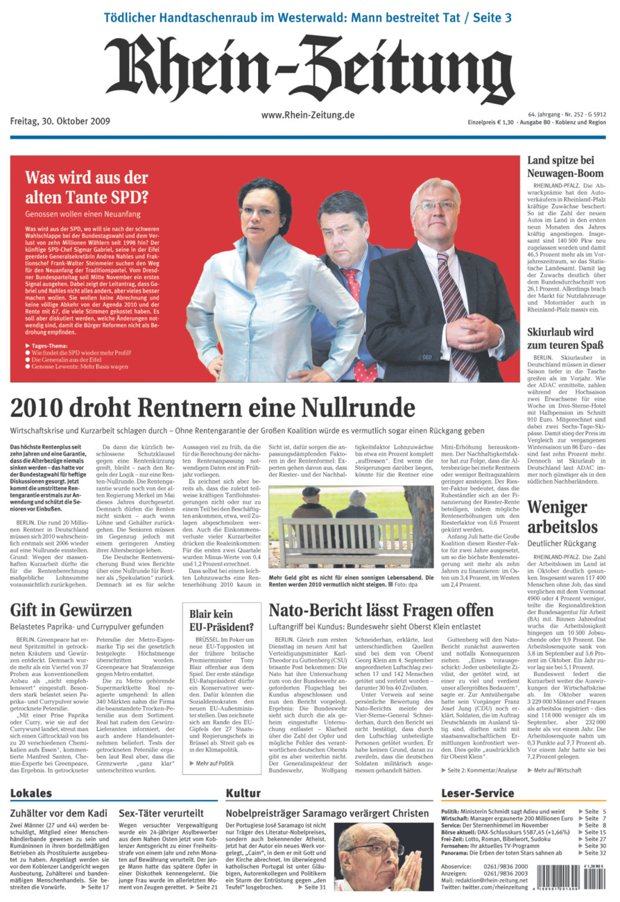 Rhein-Zeitung Koblenz & Region vom Freitag, 30.10.2009