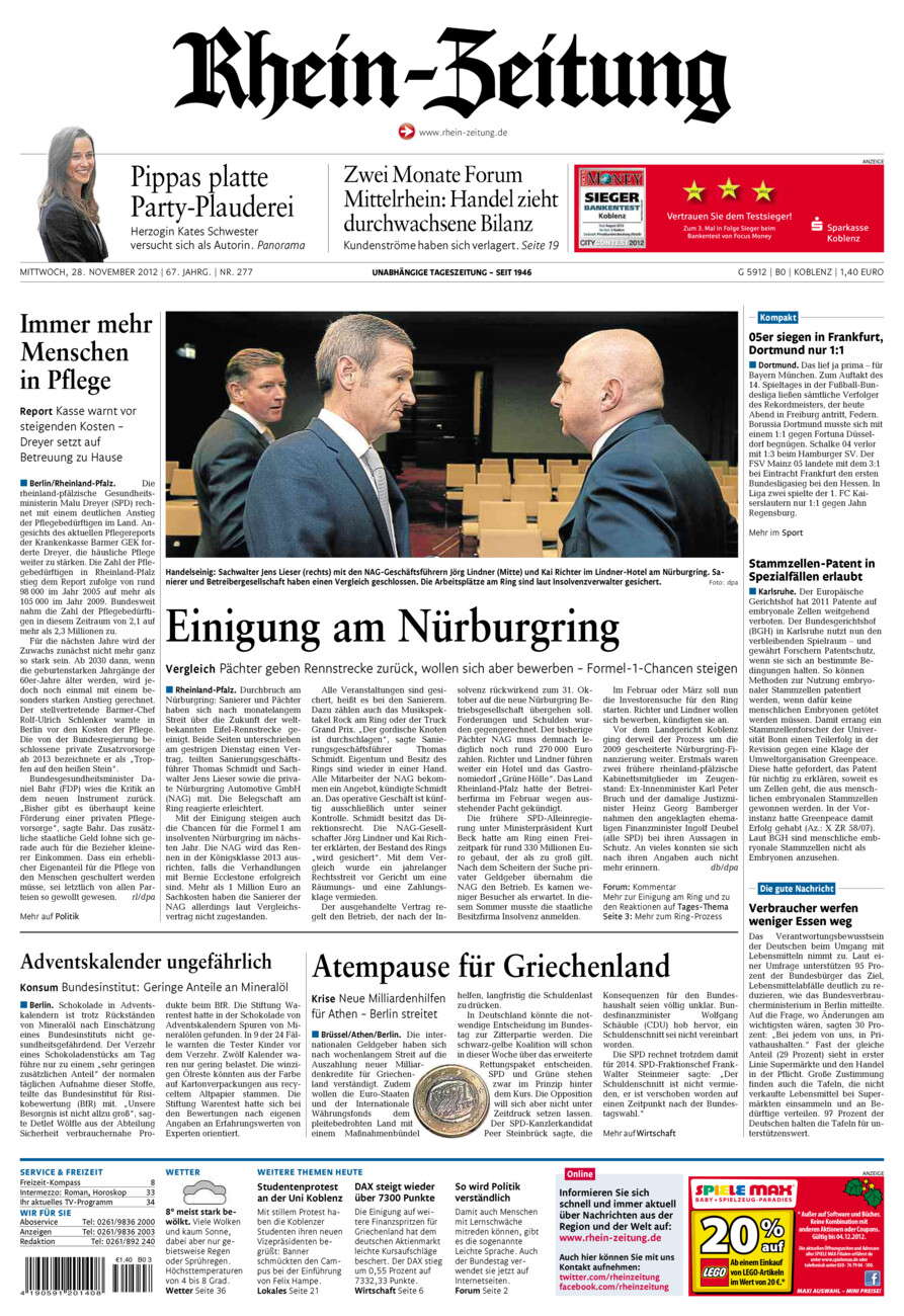 Rhein-Zeitung Koblenz & Region vom Mittwoch, 28.11.2012