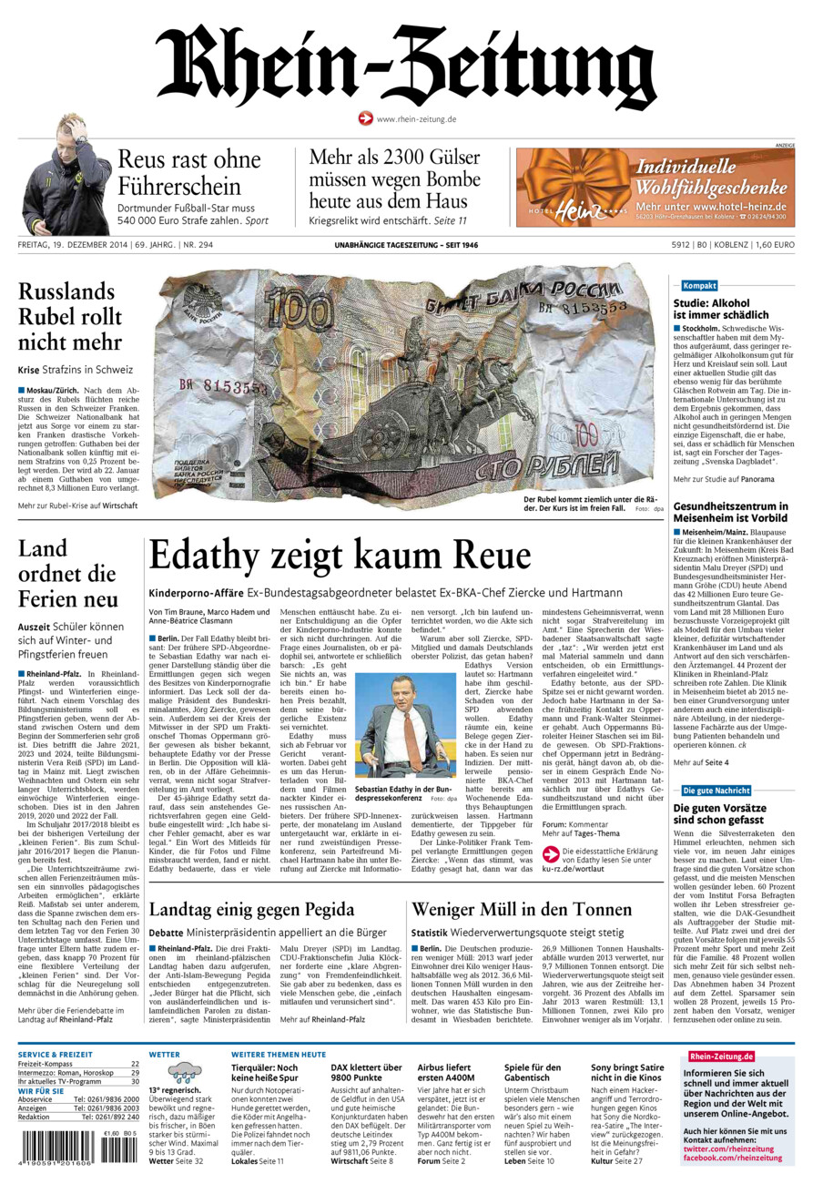 Rhein-Zeitung Koblenz & Region vom Freitag, 19.12.2014