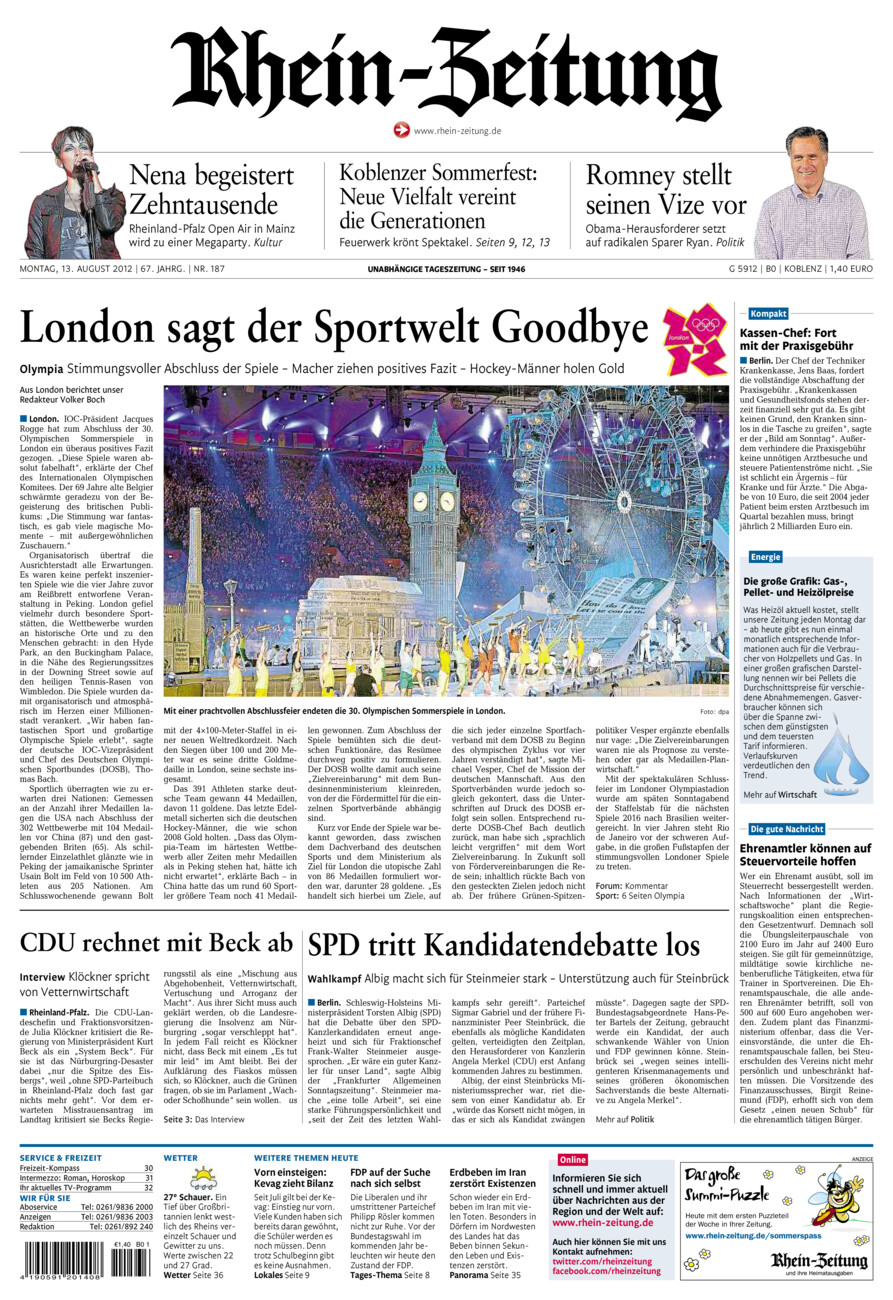 Rhein-Zeitung Koblenz & Region vom Montag, 13.08.2012