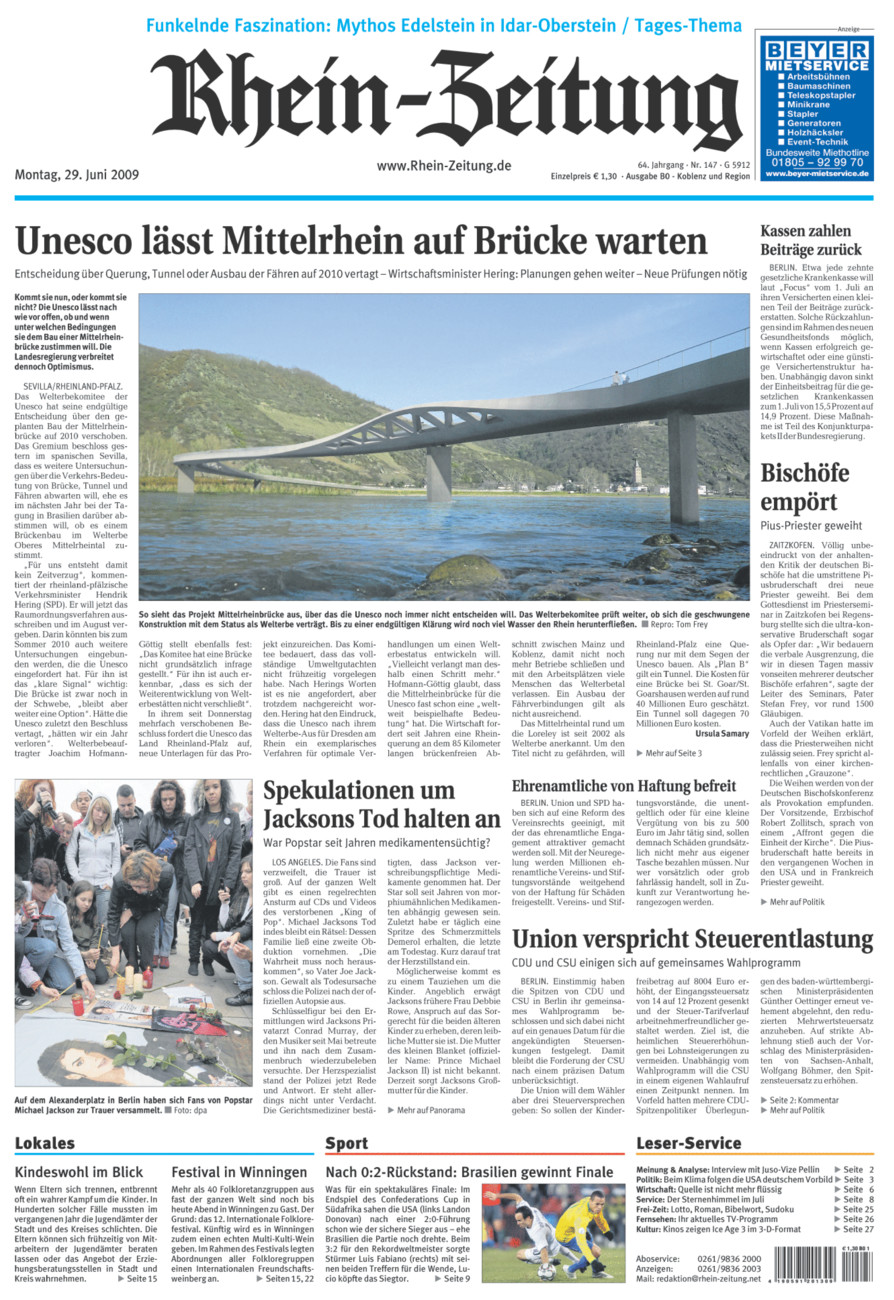 Rhein-Zeitung Koblenz & Region vom Montag, 29.06.2009