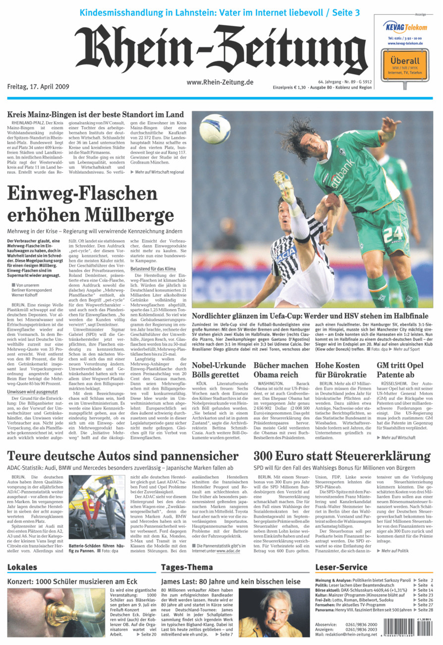 Rhein-Zeitung Koblenz & Region vom Freitag, 17.04.2009