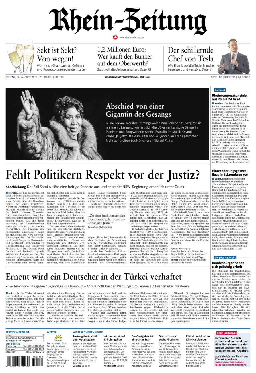 Rhein-Zeitung Koblenz & Region vom Freitag, 17.08.2018