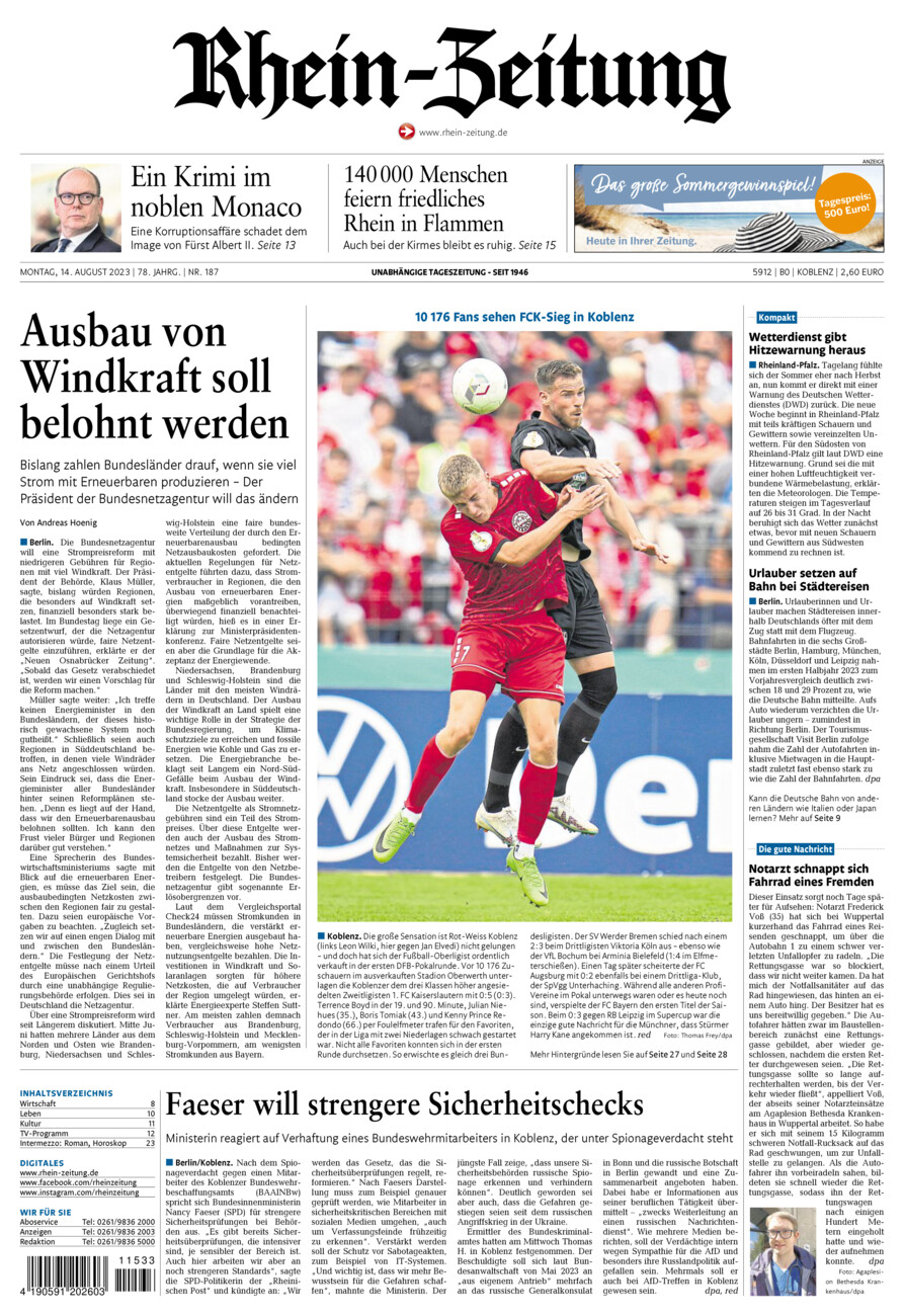 Rhein-Zeitung Koblenz & Region vom Montag, 14.08.2023