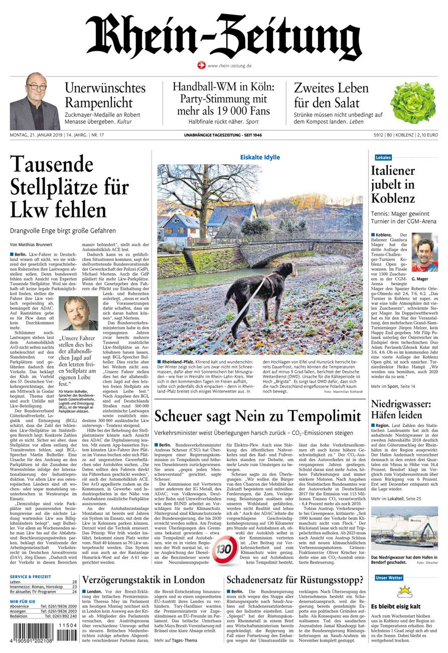 Rhein-Zeitung Koblenz & Region vom Montag, 21.01.2019