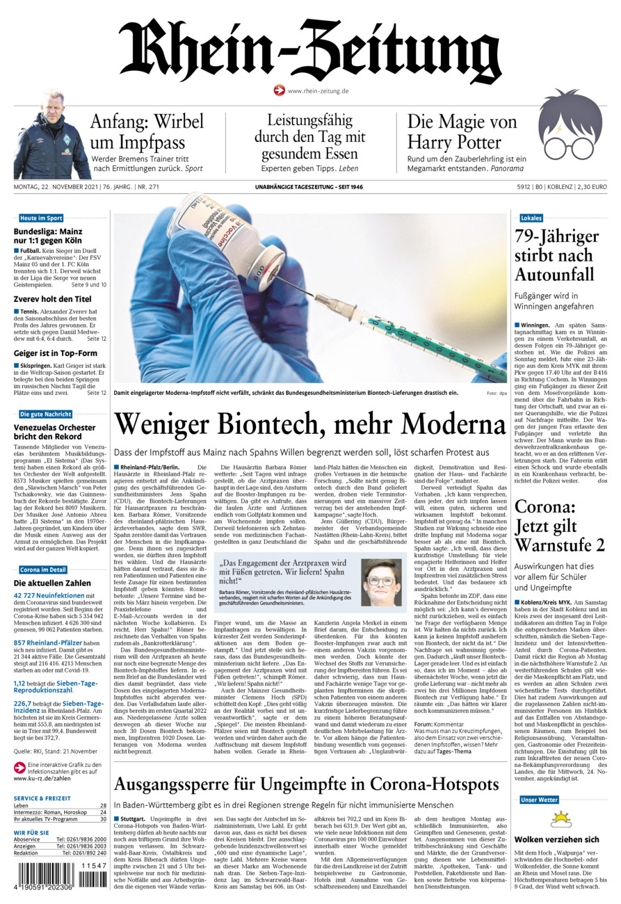Rhein-Zeitung Koblenz & Region vom Montag, 22.11.2021