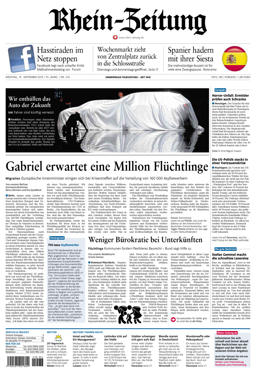 Rhein-Zeitung Koblenz & Region vom Dienstag, 15.09.2015