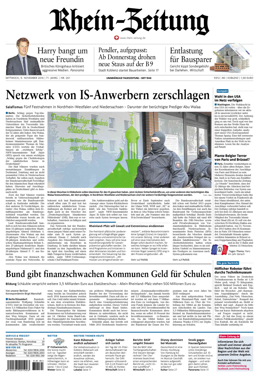 Rhein-Zeitung Koblenz & Region vom Mittwoch, 09.11.2016