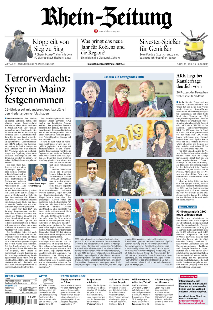 Rhein-Zeitung Koblenz & Region vom Montag, 31.12.2018