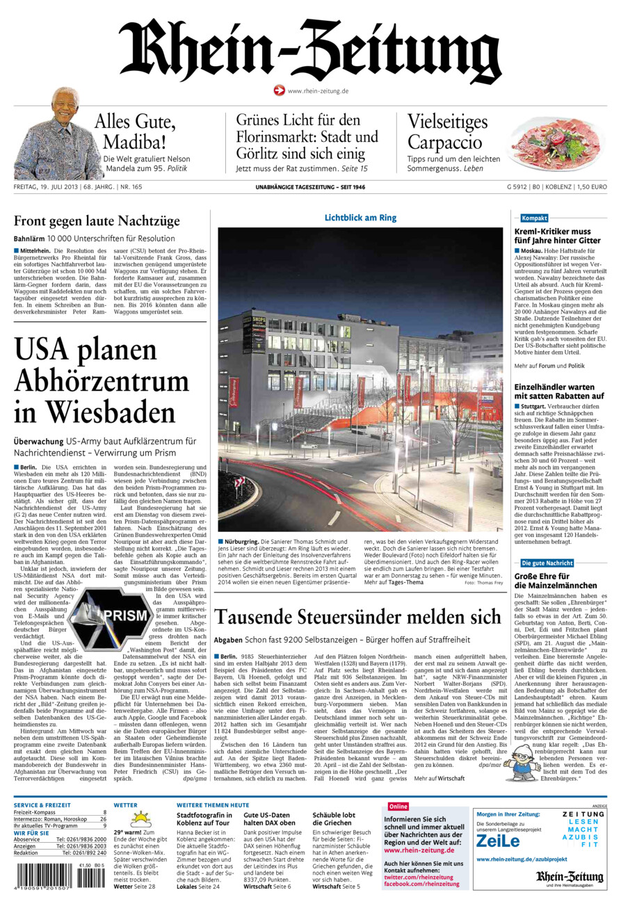 Rhein-Zeitung Koblenz & Region vom Freitag, 19.07.2013