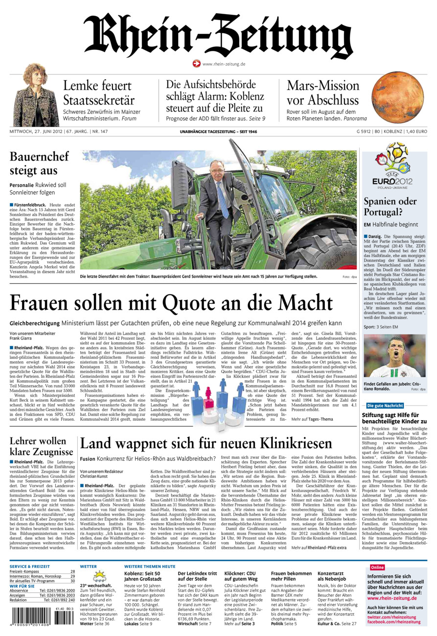 Rhein-Zeitung Koblenz & Region vom Mittwoch, 27.06.2012
