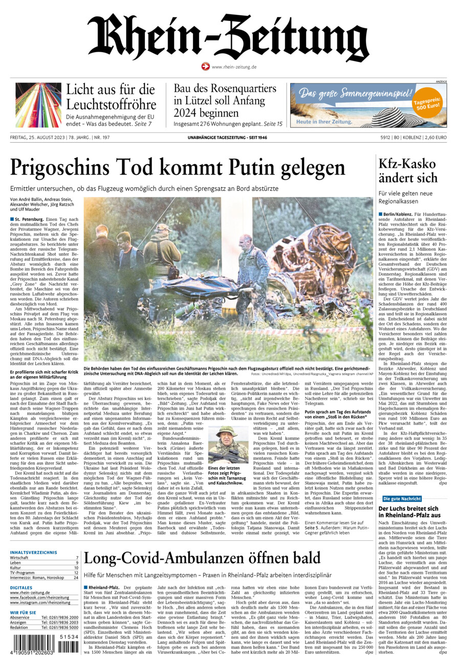 Rhein-Zeitung Koblenz & Region vom Freitag, 25.08.2023