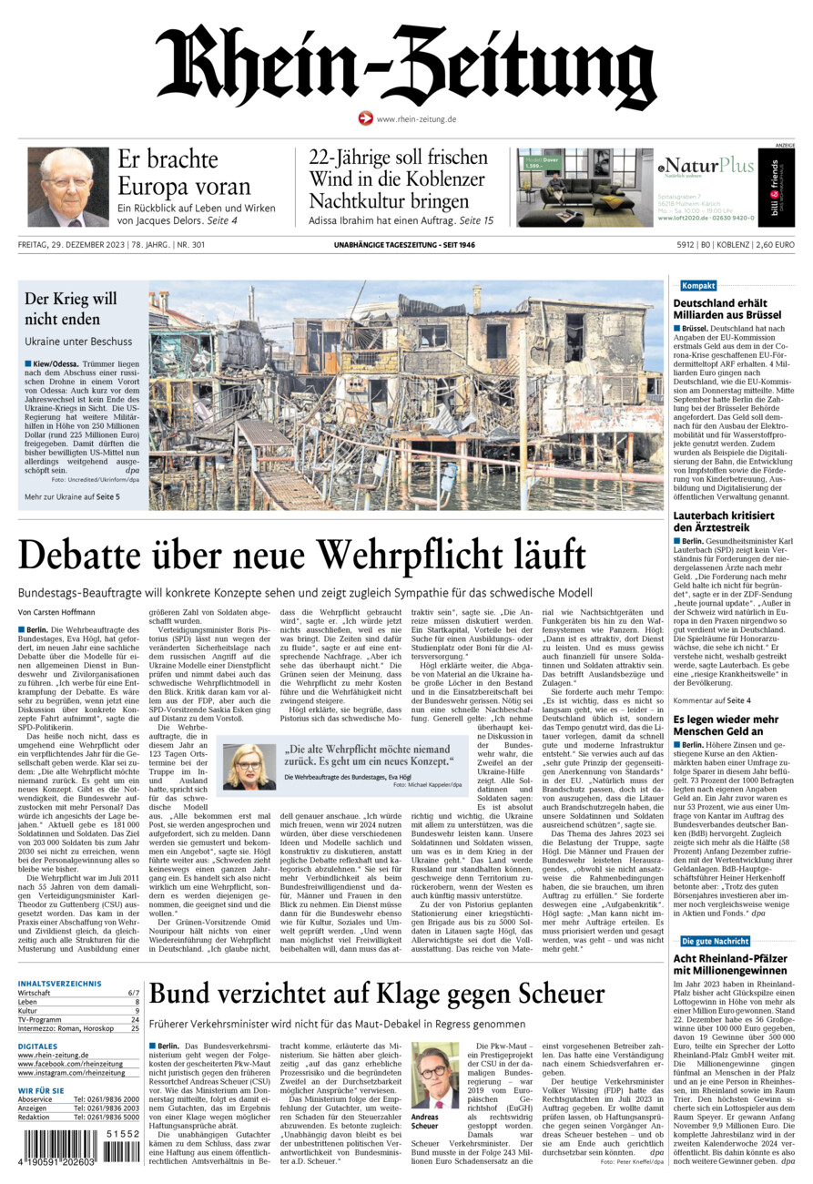 Rhein-Zeitung Koblenz & Region vom Freitag, 29.12.2023