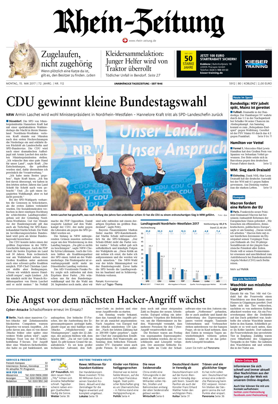Rhein-Zeitung Koblenz & Region vom Montag, 15.05.2017